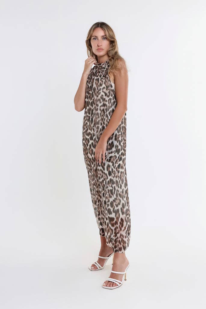 Tina Stephens Leopard Madison Silk Shoulder Tie Dress