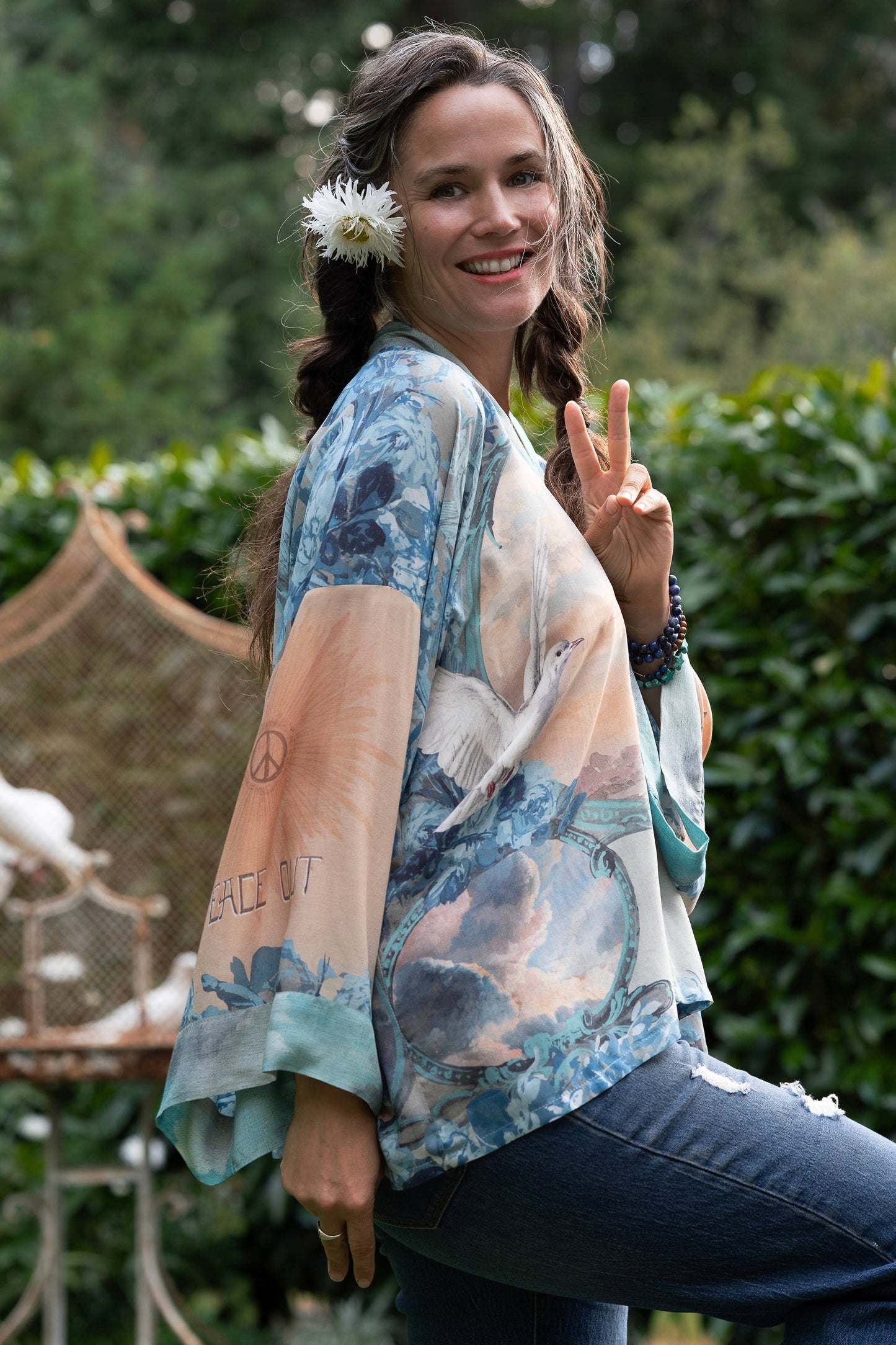 Market to Stars
Peace Out Cropped Kimono Pixie Duster with Doves and Sunrise