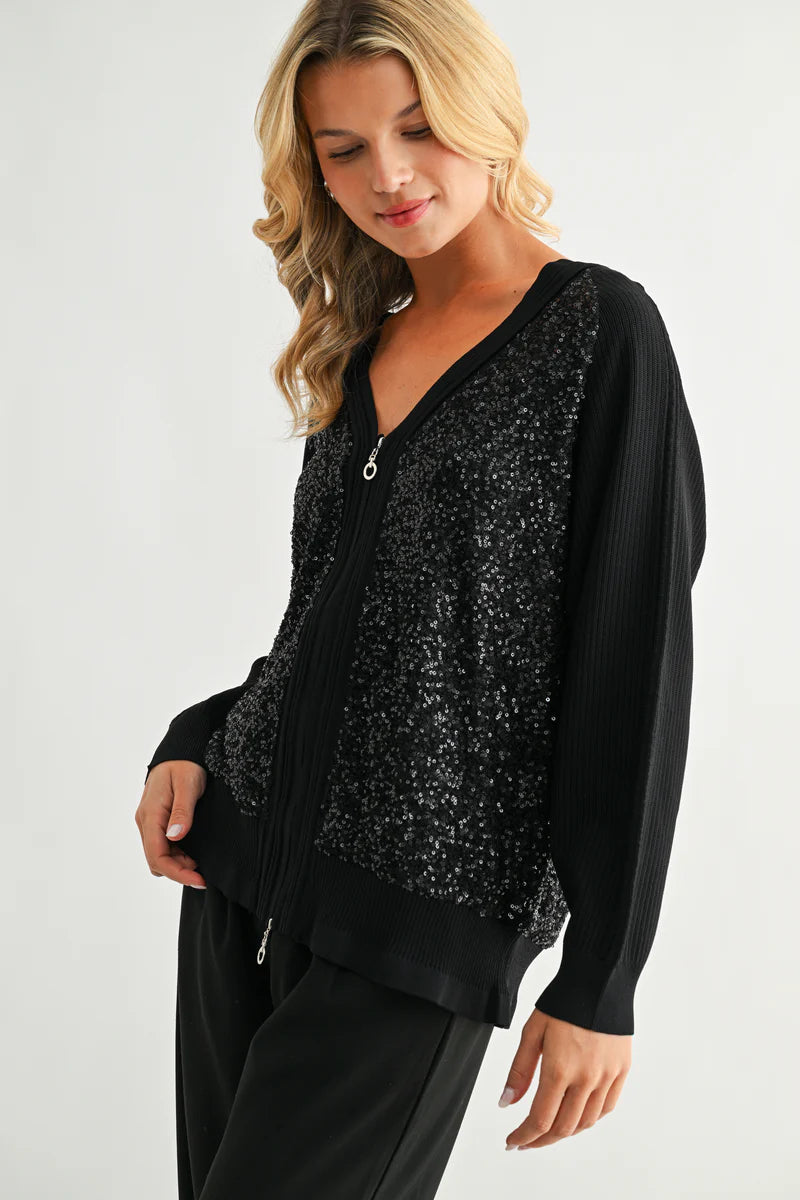 JOH Justine Knitted Zip Front Cardigan with Sequin Sweater Top