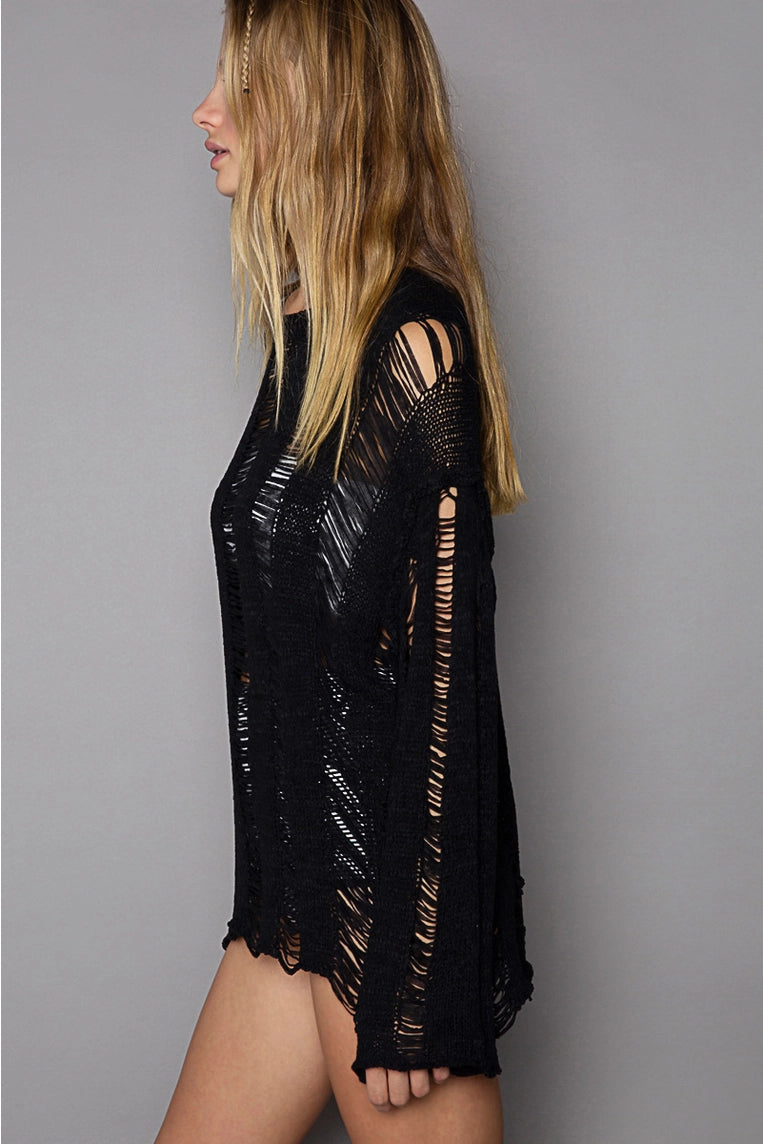 POL Distressed knitted round neck long sleeve sweater top