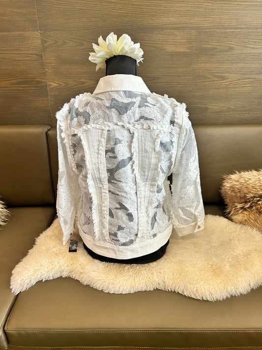 AZI Zoey Floral Lace Bejeweled White Denim Jacket