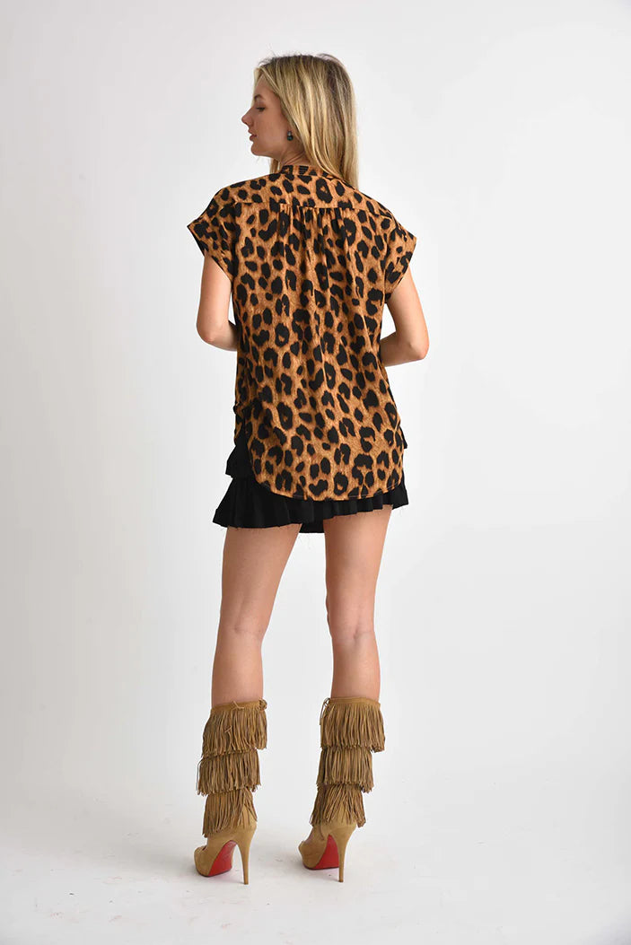 Muche et Muchette Rina Leopard Short Sleeve Button Down Shirt One Size Fits 0-10