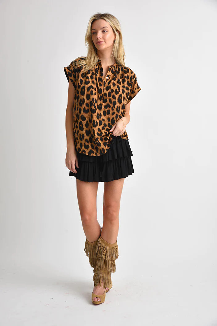Muche et Muchette Rina Leopard Short Sleeve Button Down Shirt One Size Fits 0-10