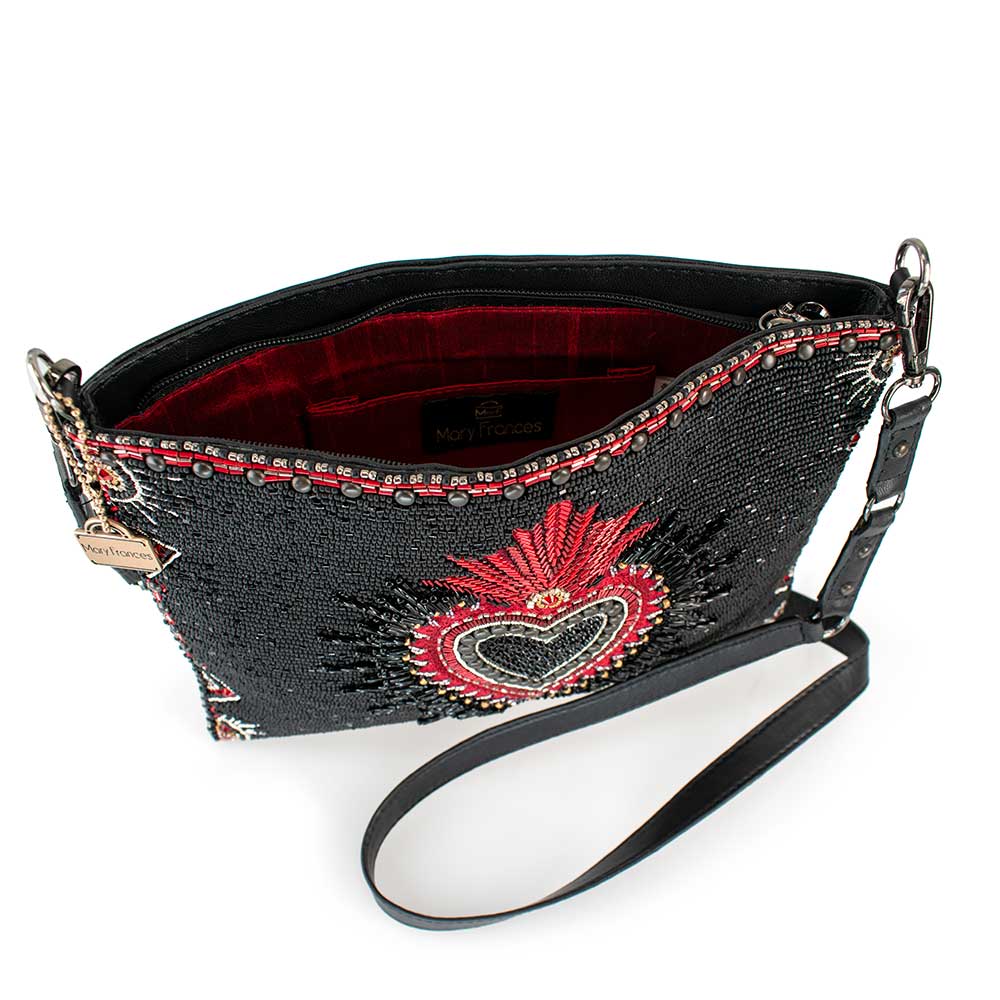 Mary Frances Soul Searcher Beaded Heart Leather Crossbody Handbag