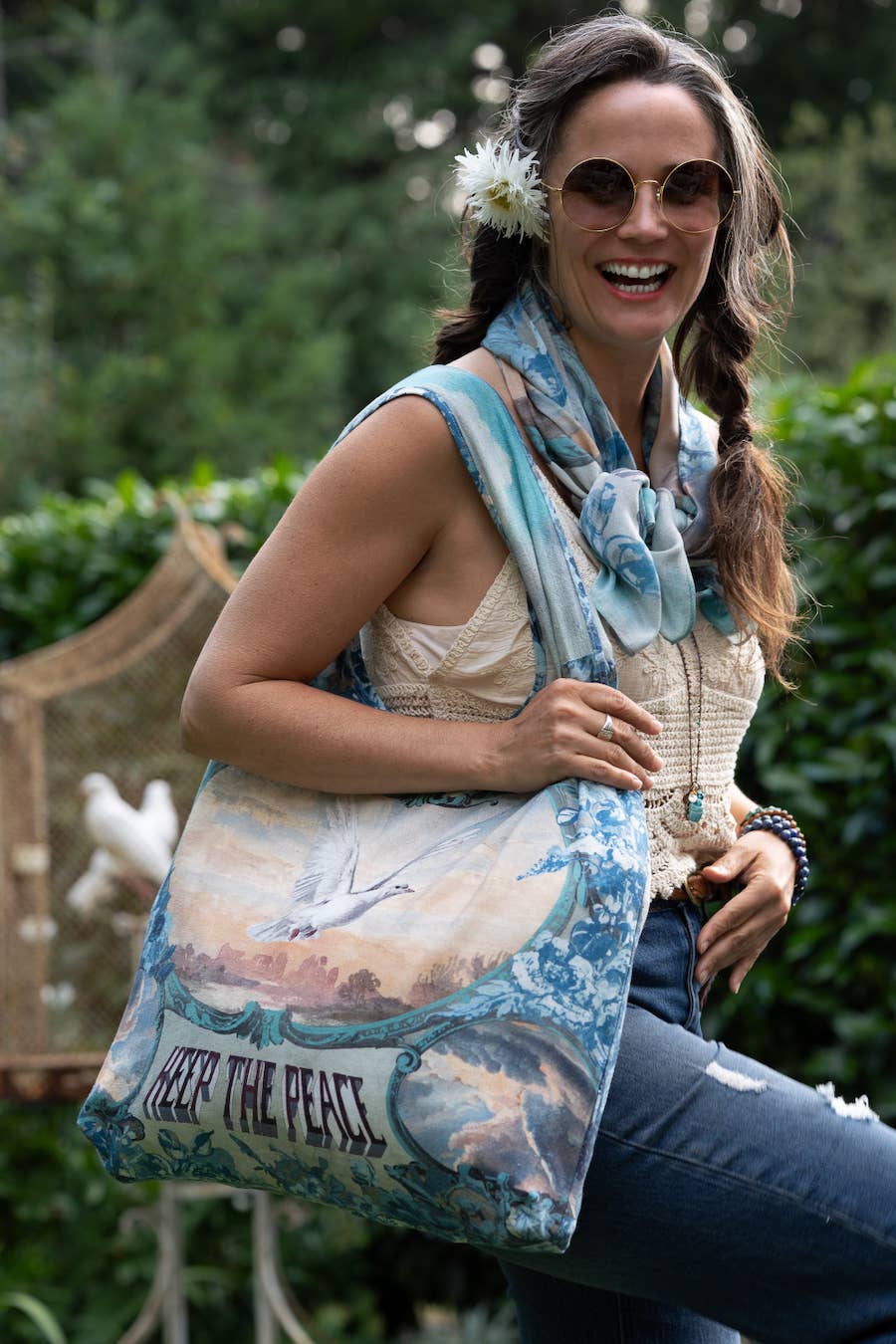 Market to Stars
Peace Out Turquoise Linen Tote Bag with Doves and Sunrise