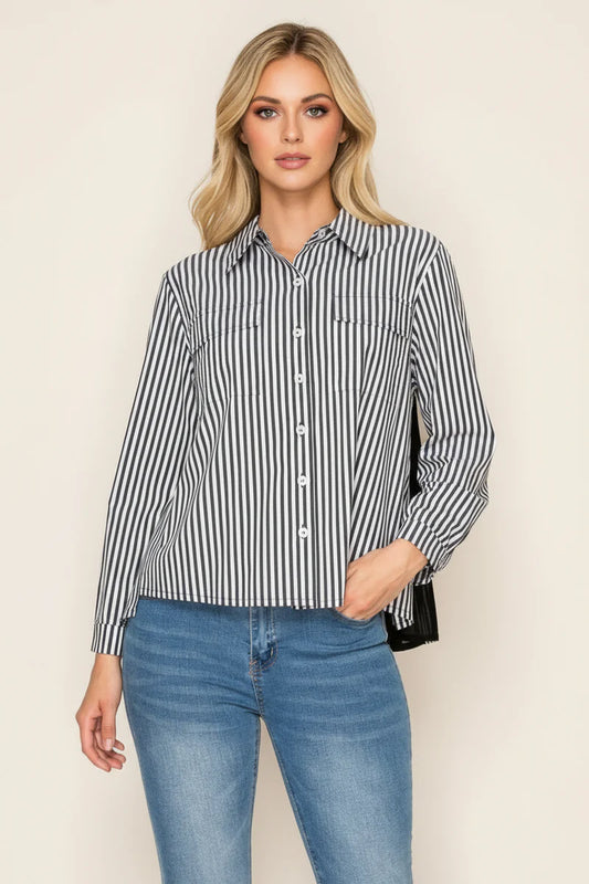 Joh Jenn Button Down Collared Striped Blouse Shirt