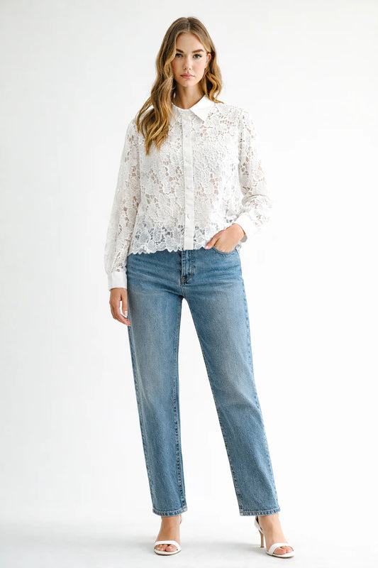 Joh Catherine Button Down Collared Lace Blouse Shirt