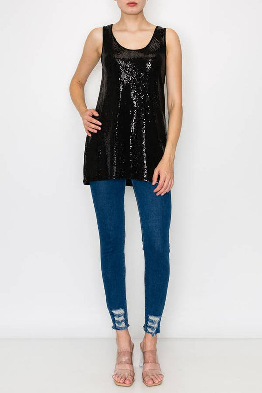 Origami Apparel Black Foil Sequin Tunic Tank Top