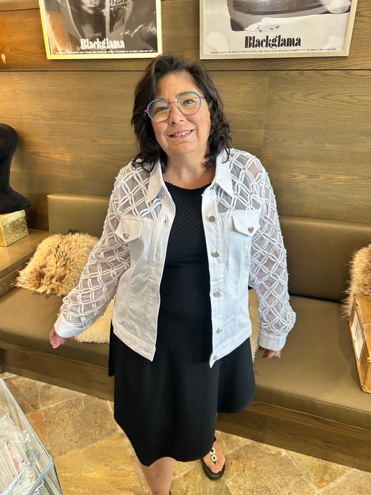 AZI Renee Lace Bejeweled White Denim Jacket