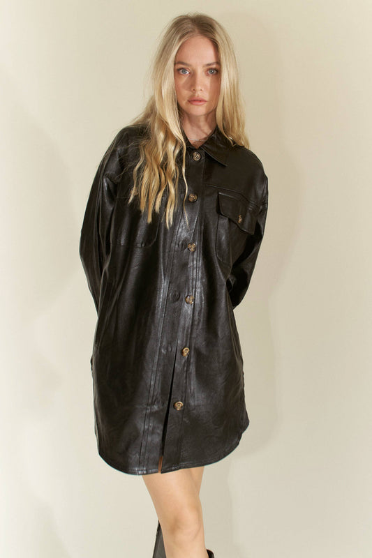 Davi & Dani FAUX LEATHER BUTTON FRONT CHEST POCKET JACKET