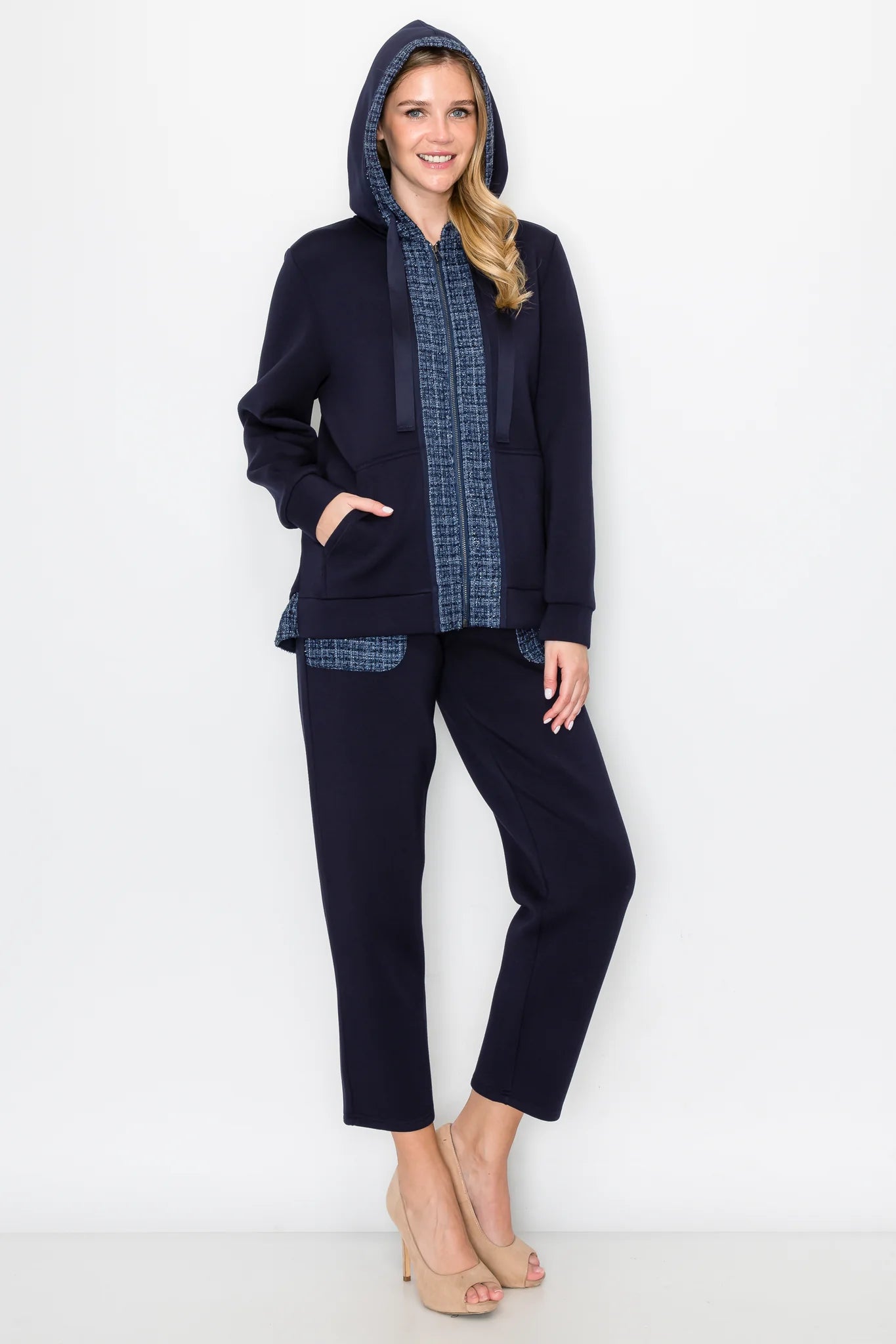 Joh Faiza Jacket w/ Navy Tweed Trim Zip Front Jacket