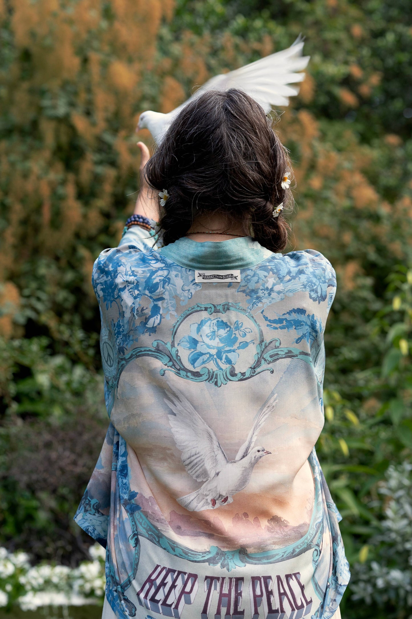 Market to Stars
Peace Out Cropped Kimono Pixie Duster with Doves and Sunrise