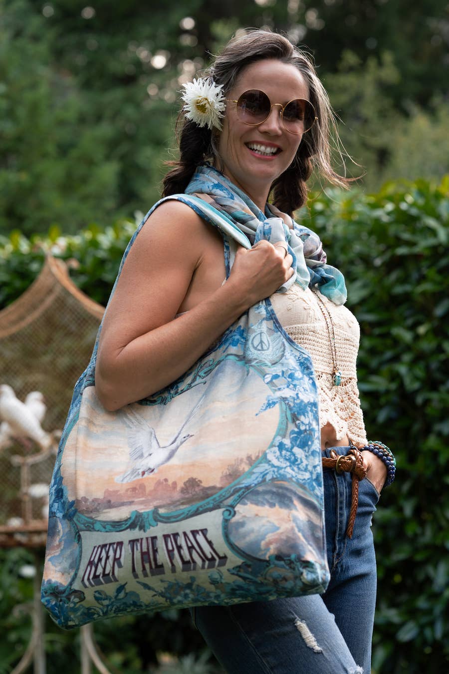 Market to Stars
Peace Out Turquoise Linen Tote Bag with Doves and Sunrise