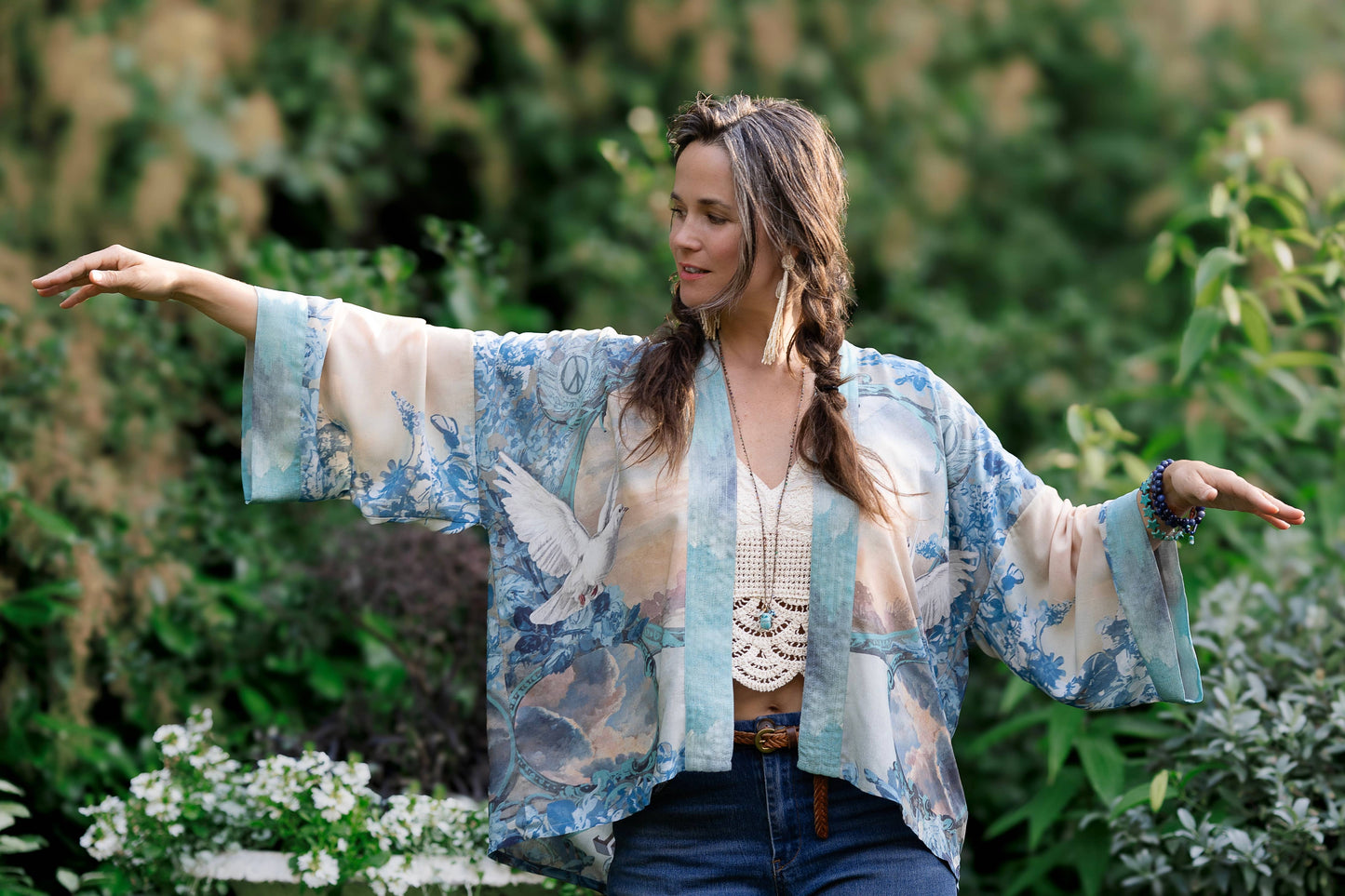 Market to Stars
Peace Out Cropped Kimono Pixie Duster with Doves and Sunrise