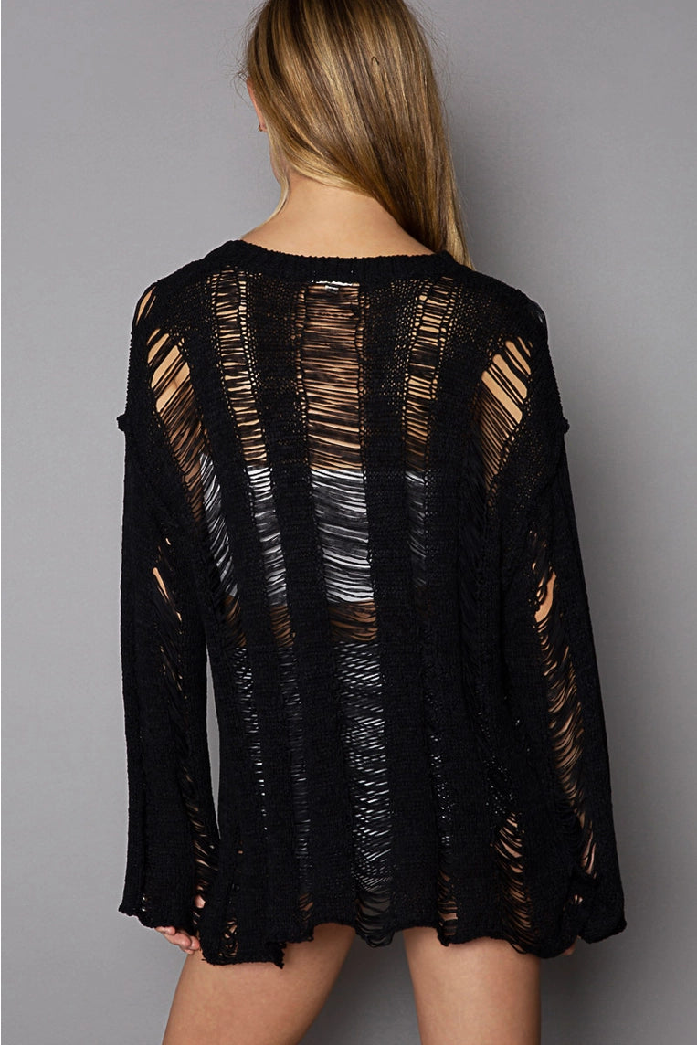POL Distressed knitted round neck long sleeve sweater top