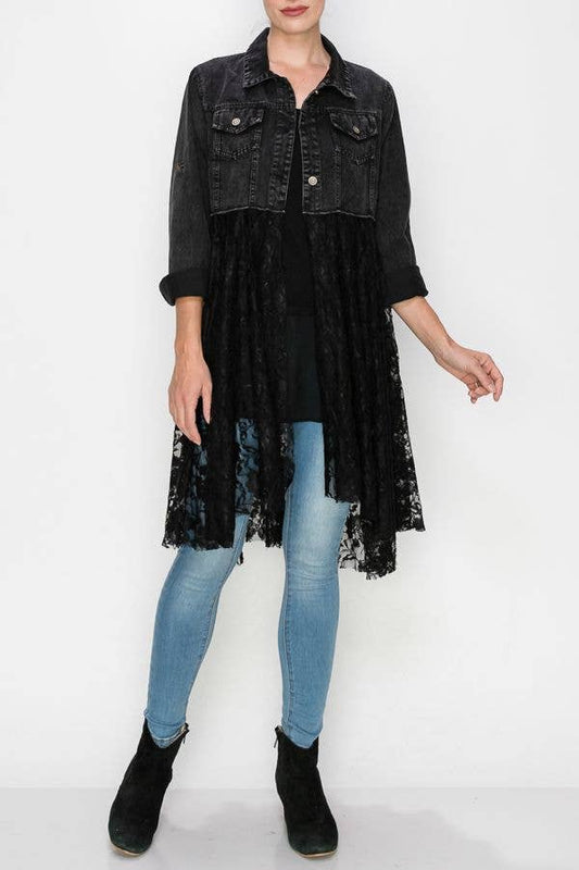 Origami Apparel Cropped Denim Jacket Duster with Lace