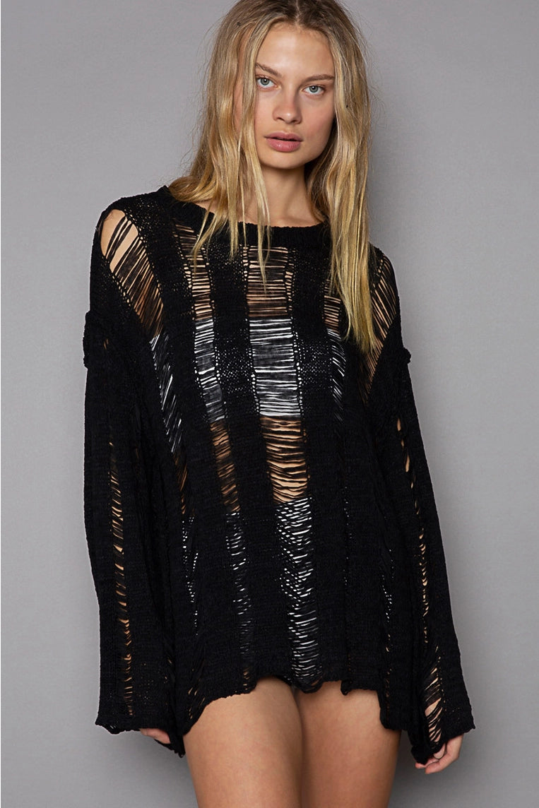 POL Distressed knitted round neck long sleeve sweater top