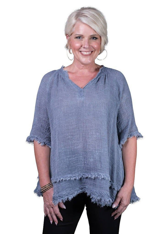 TINA Stephens Italy/Tees By Tina Zariah Crinkle Linen Raw Edge Top