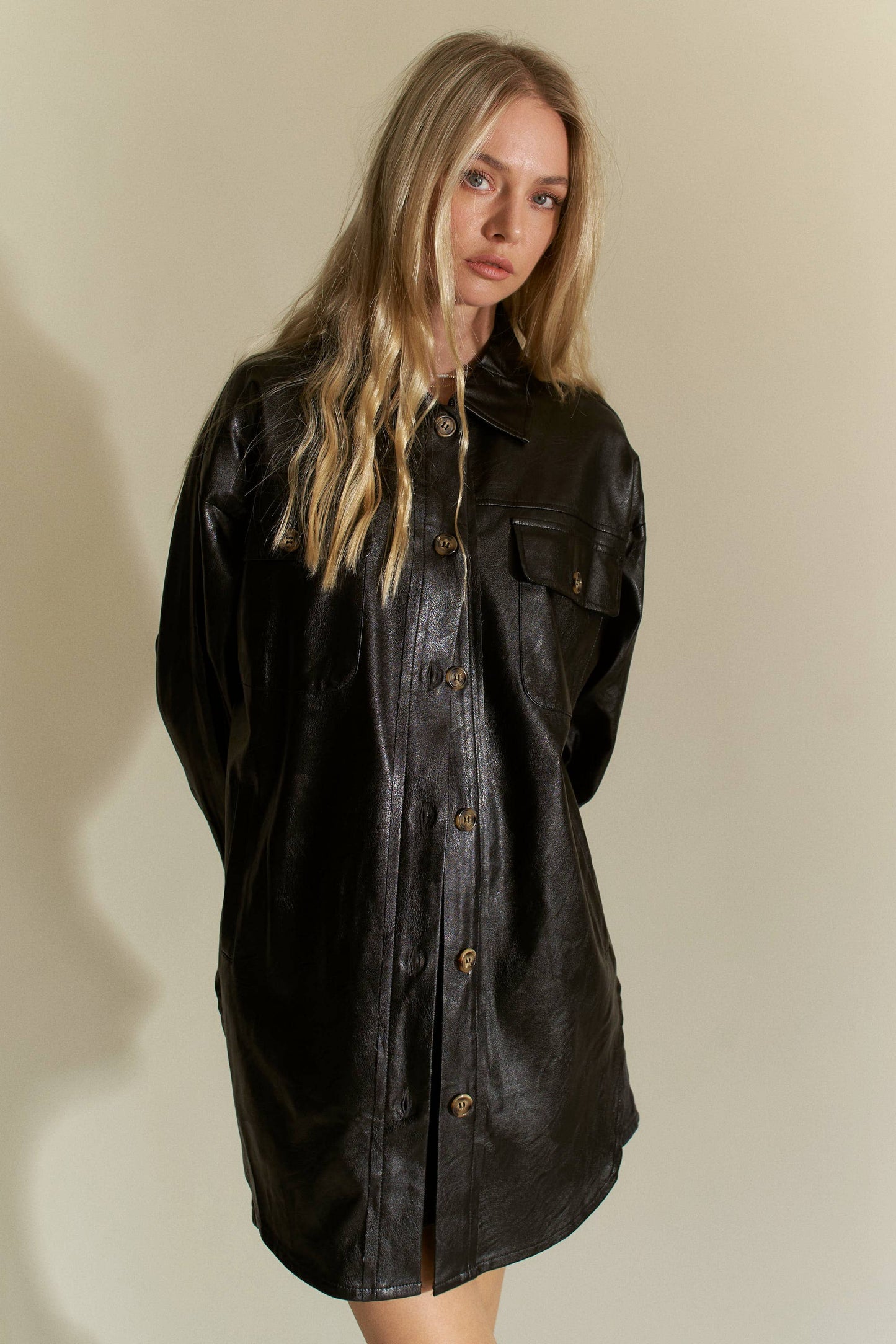 Davi & Dani FAUX LEATHER BUTTON FRONT CHEST POCKET JACKET