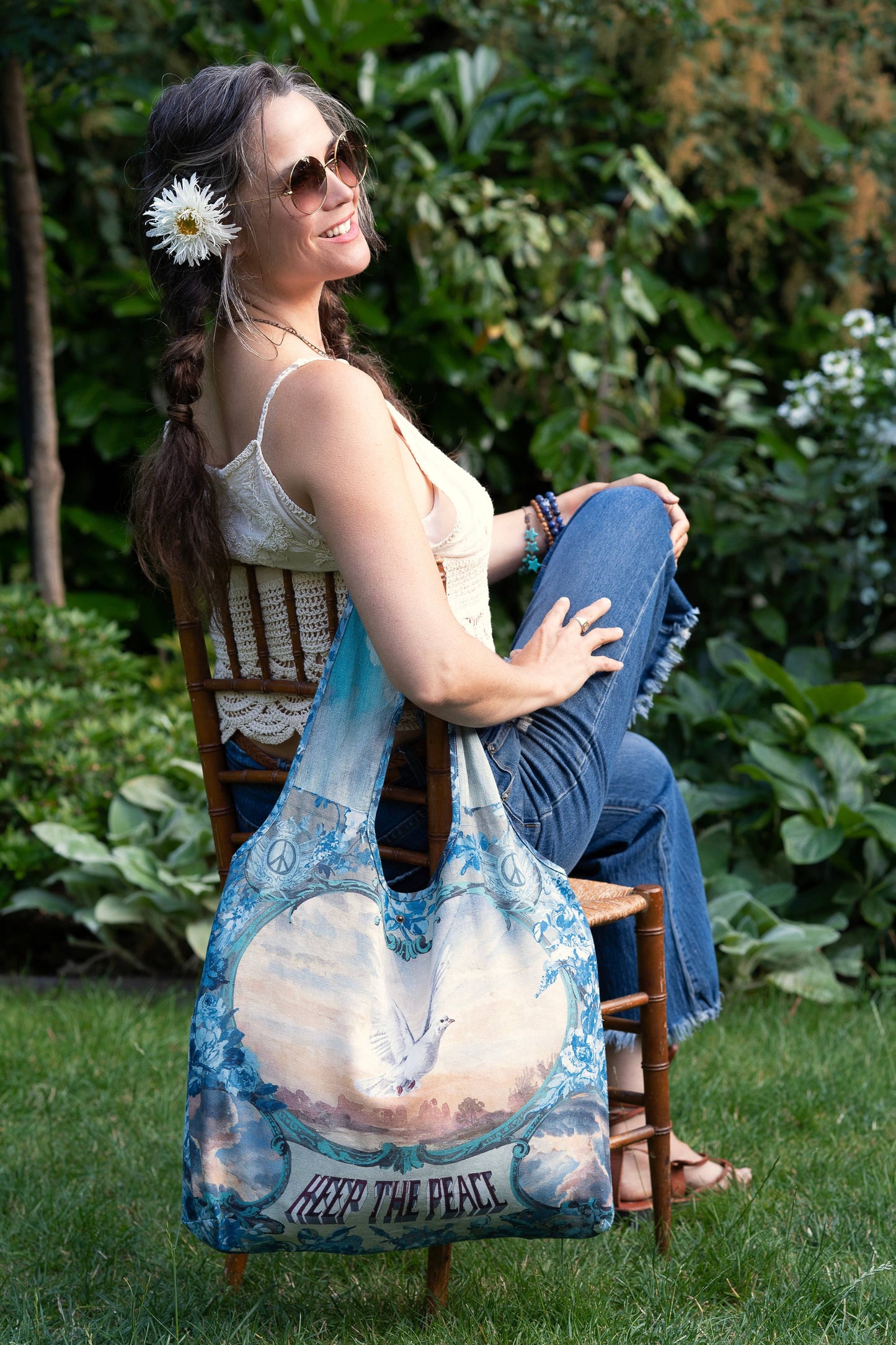 Market to Stars
Peace Out Turquoise Linen Tote Bag with Doves and Sunrise