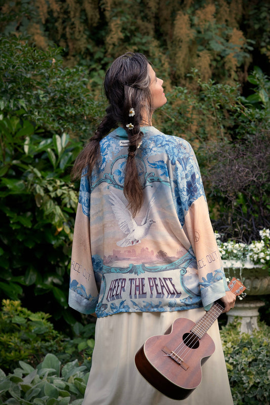 Market to Stars 
Peace Out Cropped Kimono Pixie Duster with Doves and Sunrise