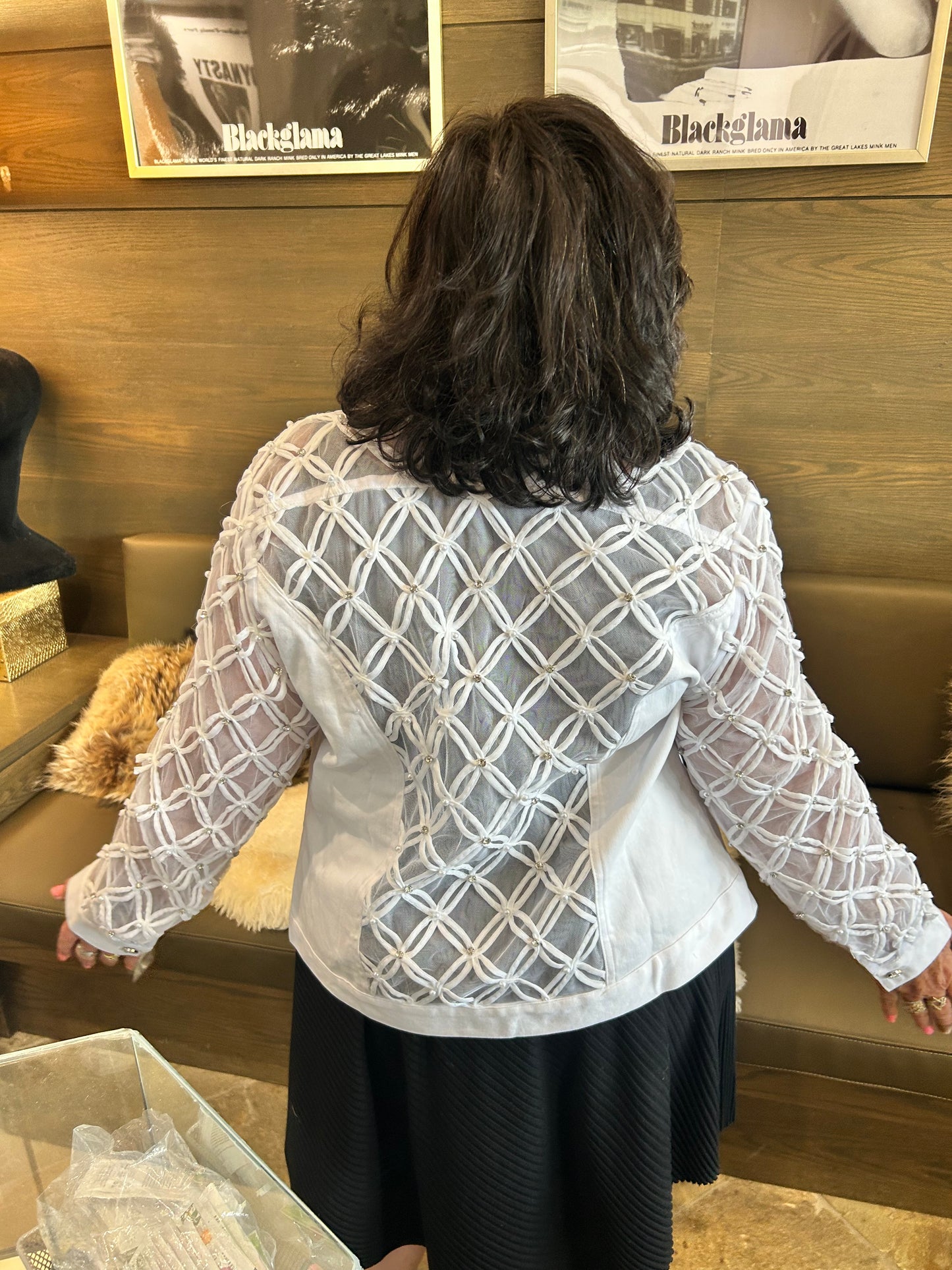 AZI Renee Lace Bejeweled White Denim Jacket