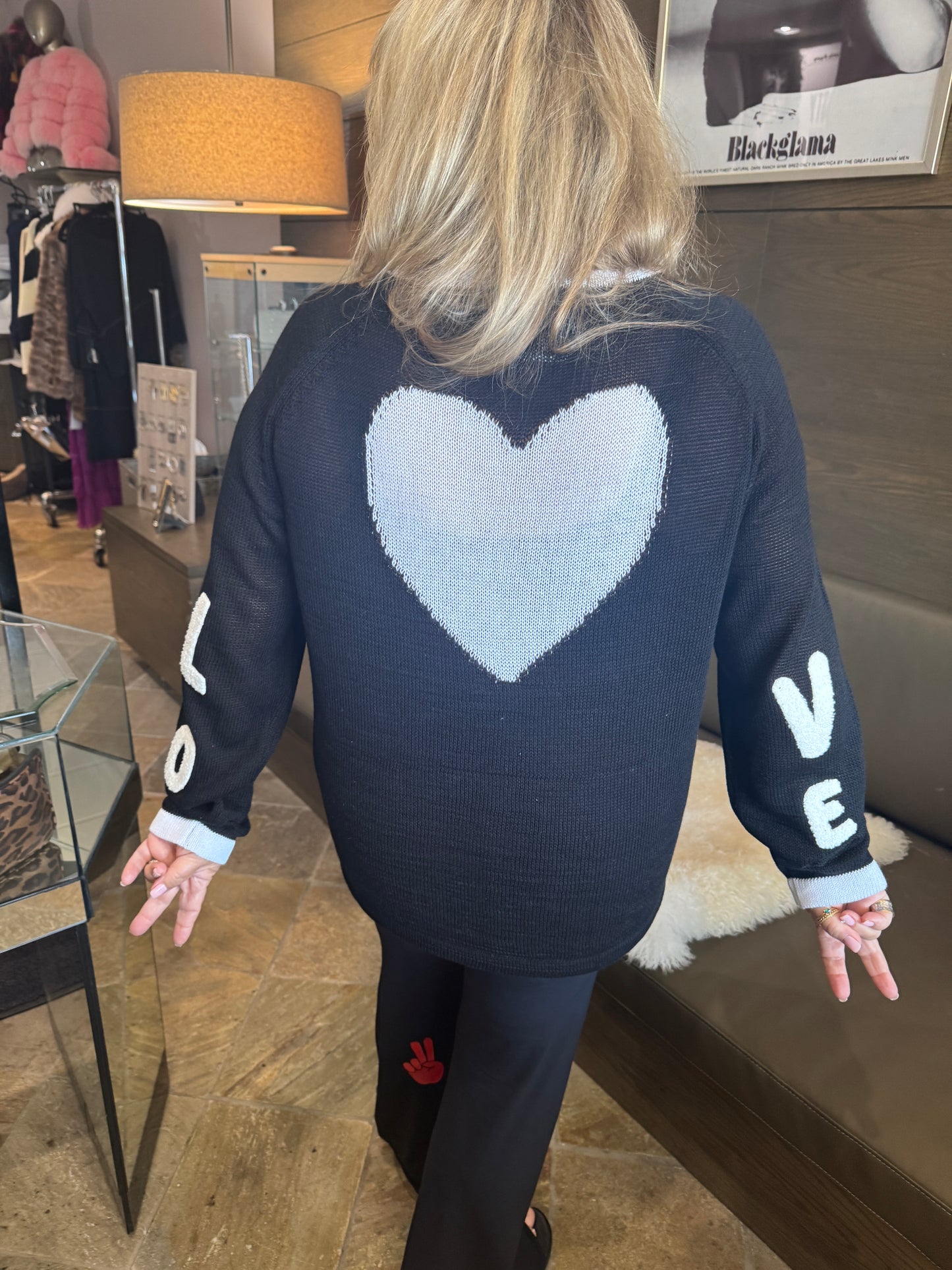 Just Madison Apparel Linen Cotton Mesh Black w/ Love Sleeves and White Heart Back Crewneck Sweater