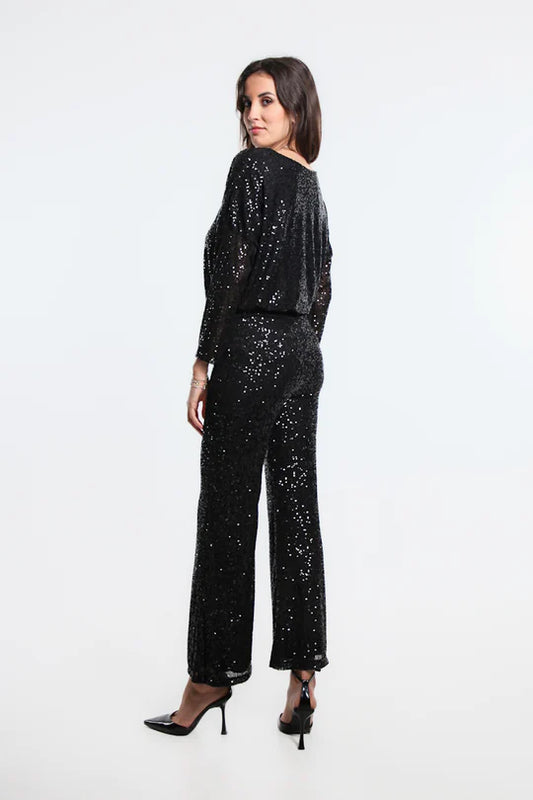 Tina Stephens Made in Italy Black Jada Sequin Pant Bottoms One Size