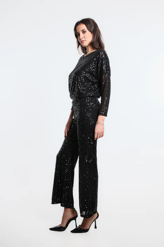 Tina Stephens Made in Italy Black Jada Sequin Pant Bottoms One Size