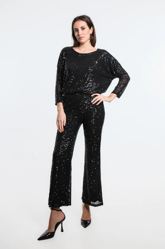 Tina Stephens Made in Italy Black Jada Sequin Pant Bottoms One Size