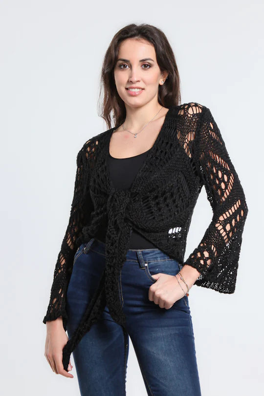 Tina Stephens Made in Italy Kandra Open Knit Tie Front Bolero