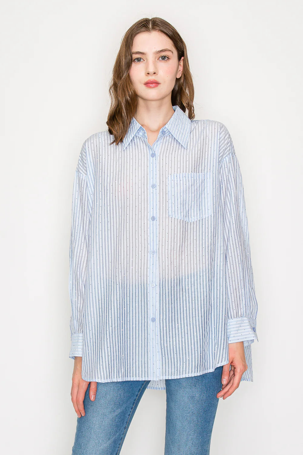 Joh Jordana Sheer Collared Button Down Shirt with all over Studs