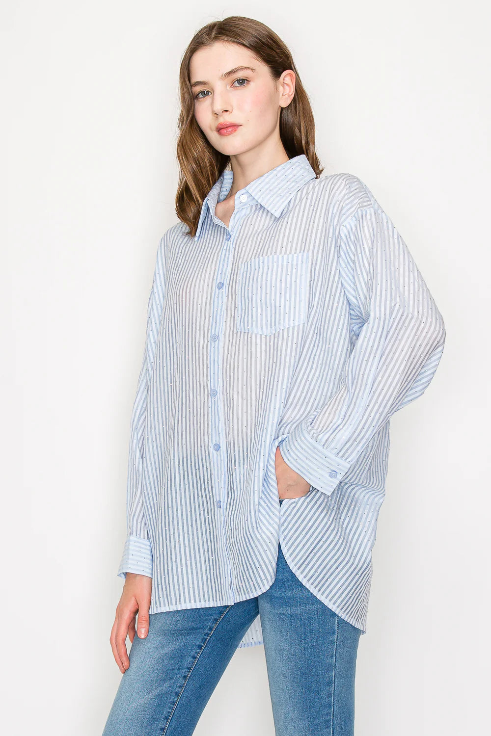 Joh Jordana Sheer Collared Button Down Shirt with all over Studs