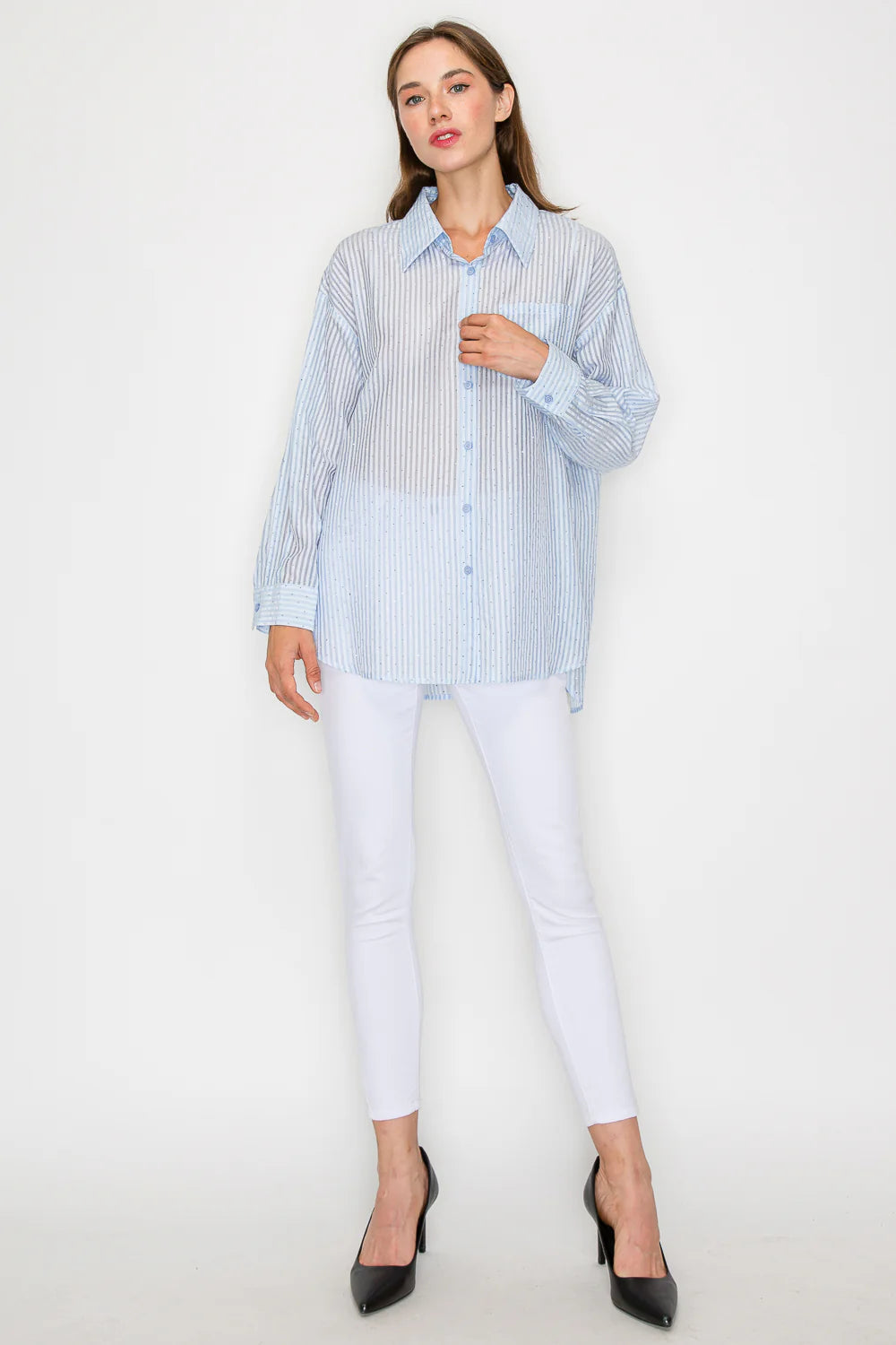 Joh Jordana Sheer Collared Button Down Shirt with all over Studs