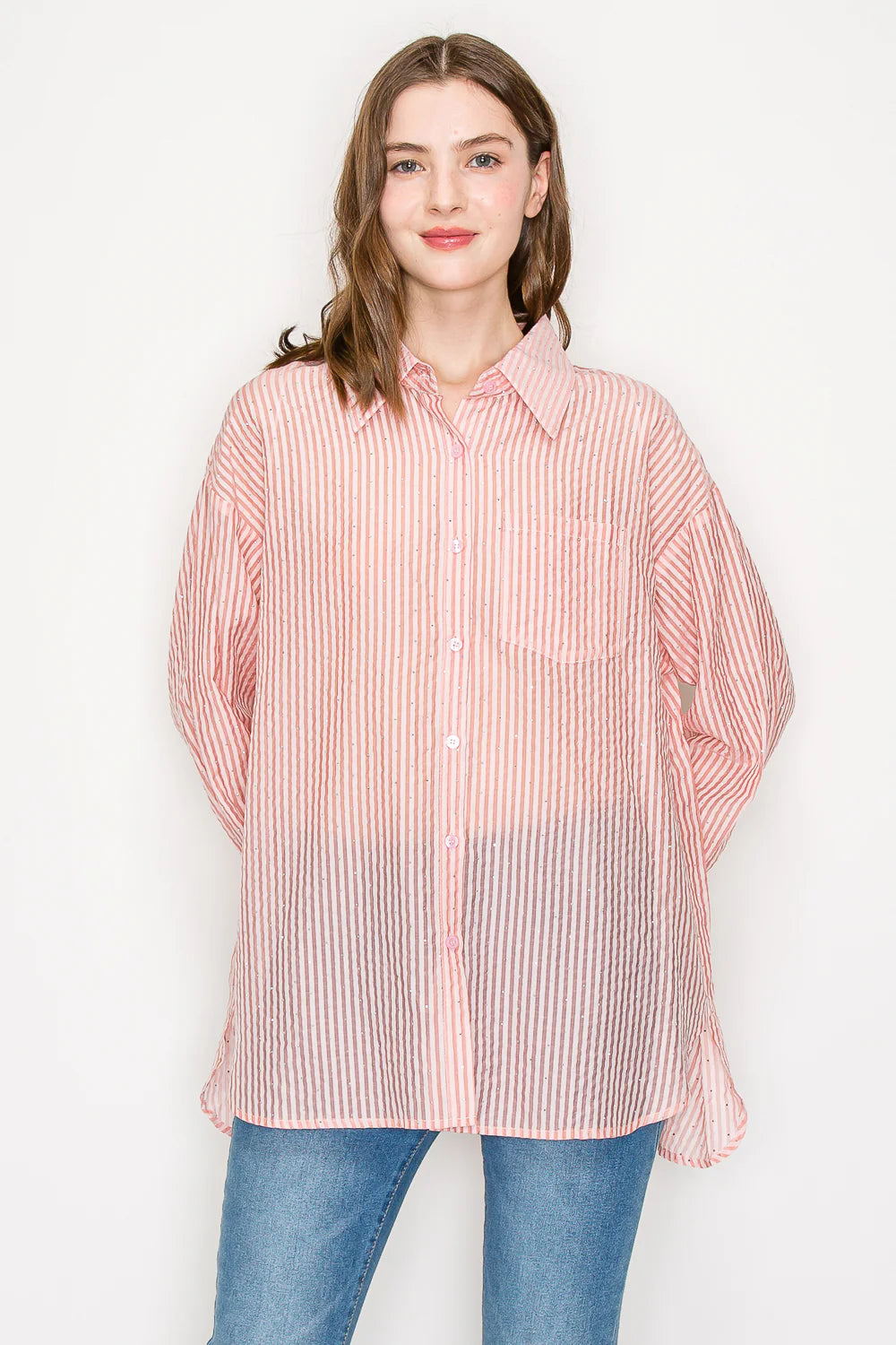 Joh Jordana Sheer Collared Button Down Shirt with all over Studs