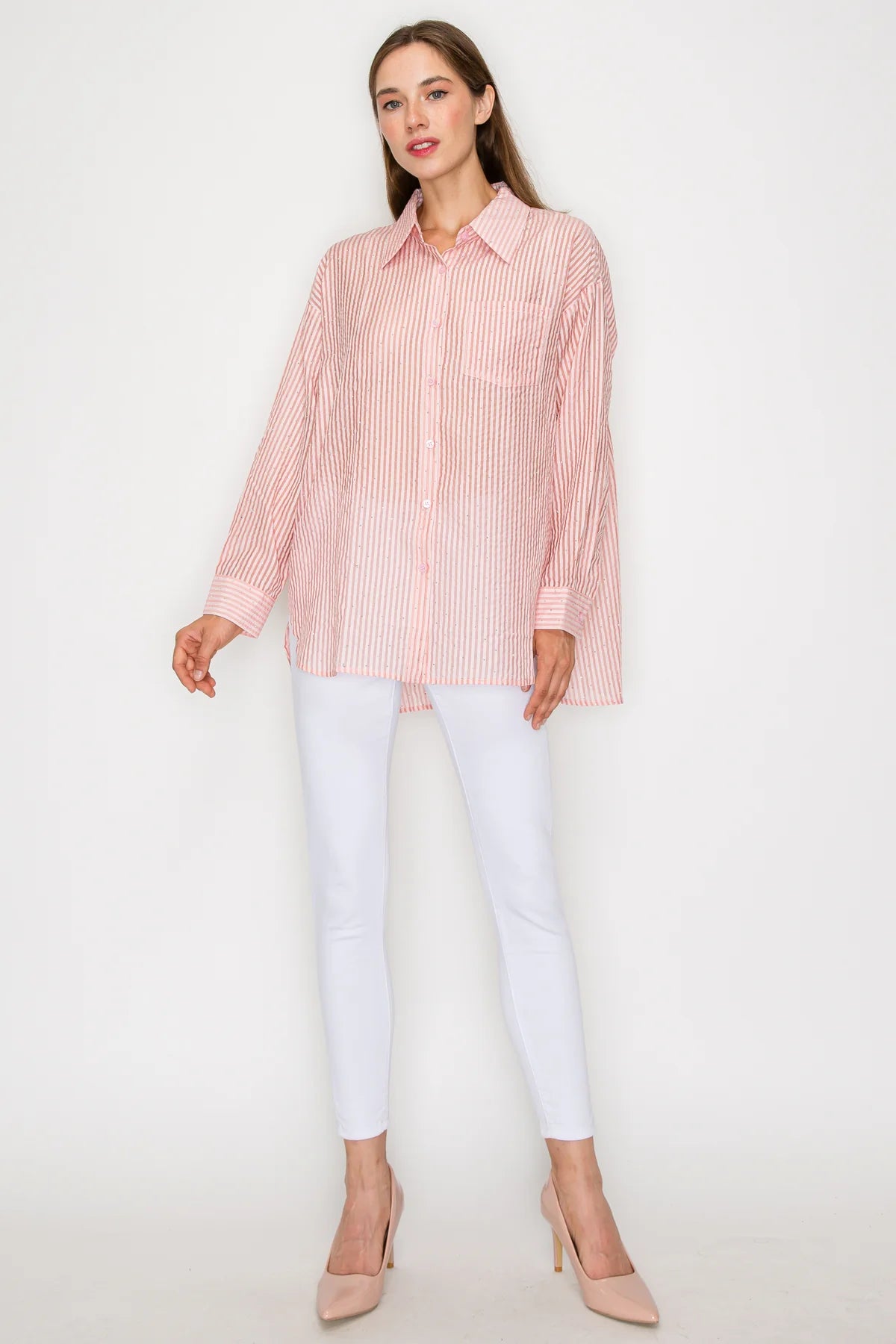 Joh Jordana Sheer Collared Button Down Shirt with all over Studs