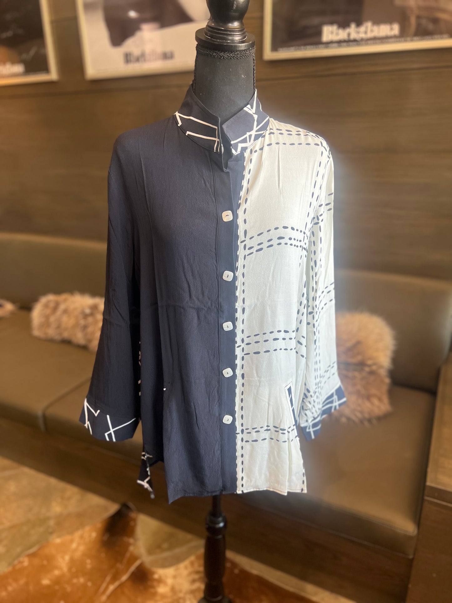 Lemongrass Flip Collar Button Down Blouse w/ Double Welt Pockets Shirt