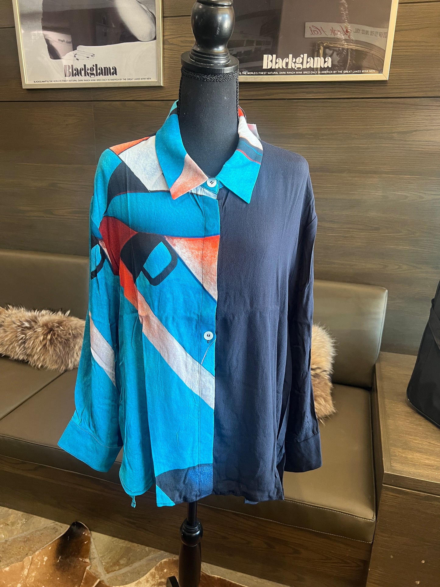 Lemongrass Block Printed Aqua Button Down Blouse Shirt