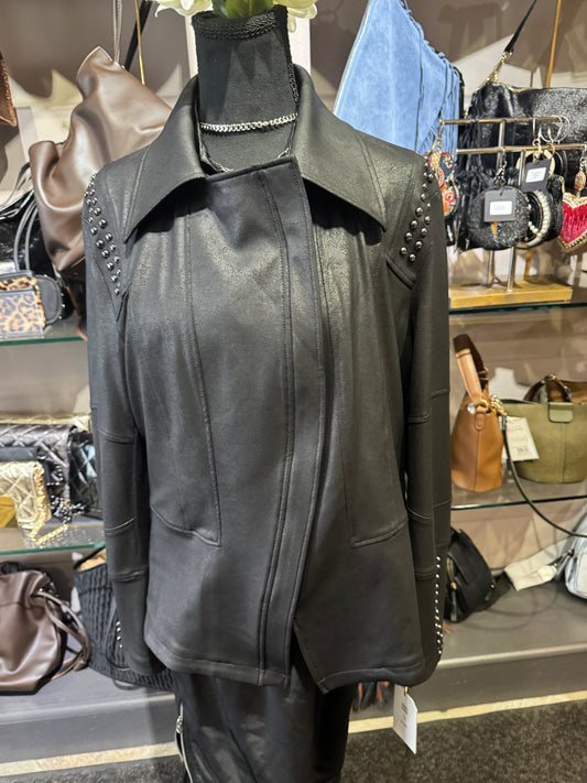 Clara Sun Woo Studded Liquid Leather Zip Front Moto Jacket