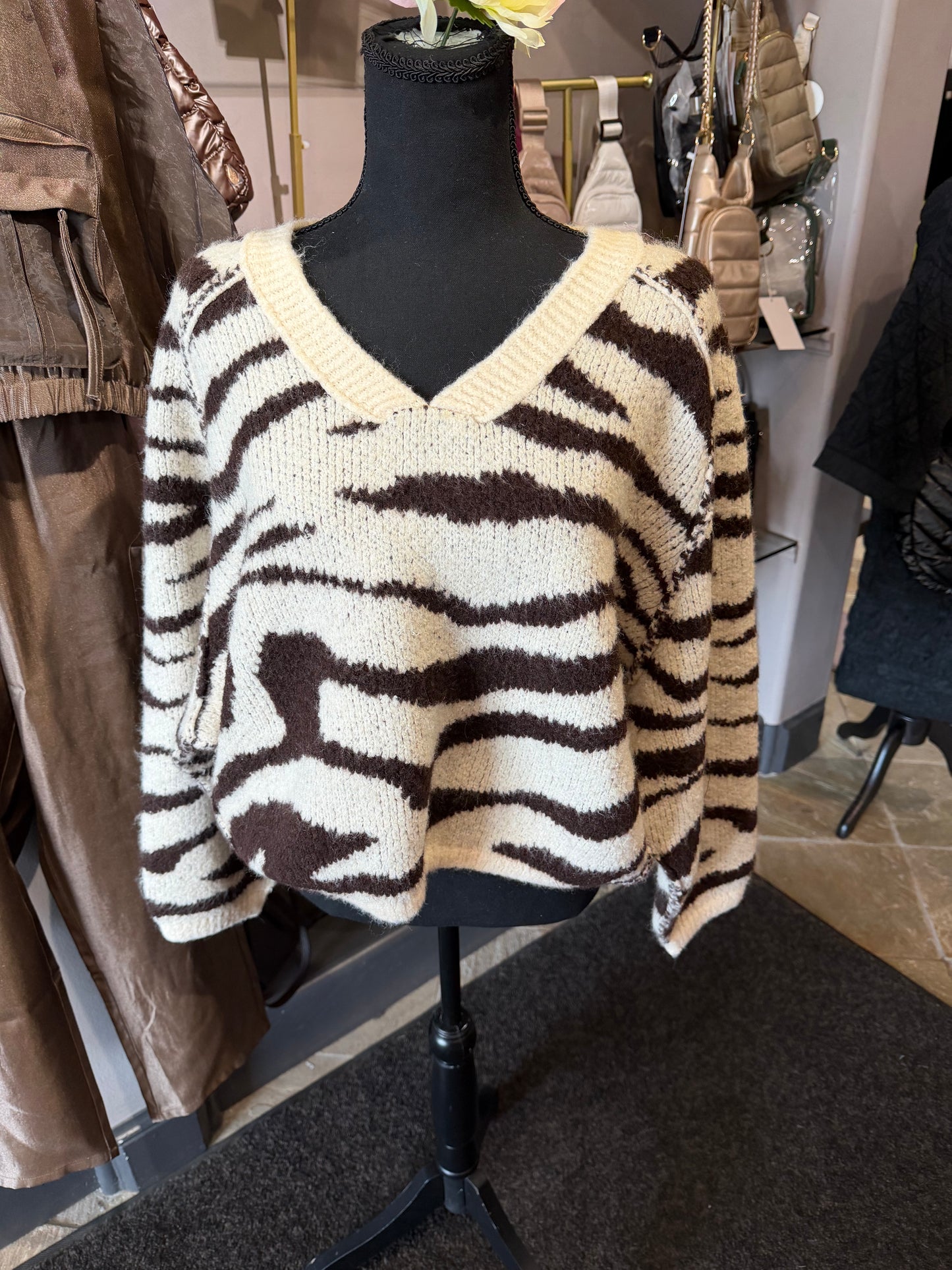 Gigio Zebra Print V-Neck Boxy Sweater