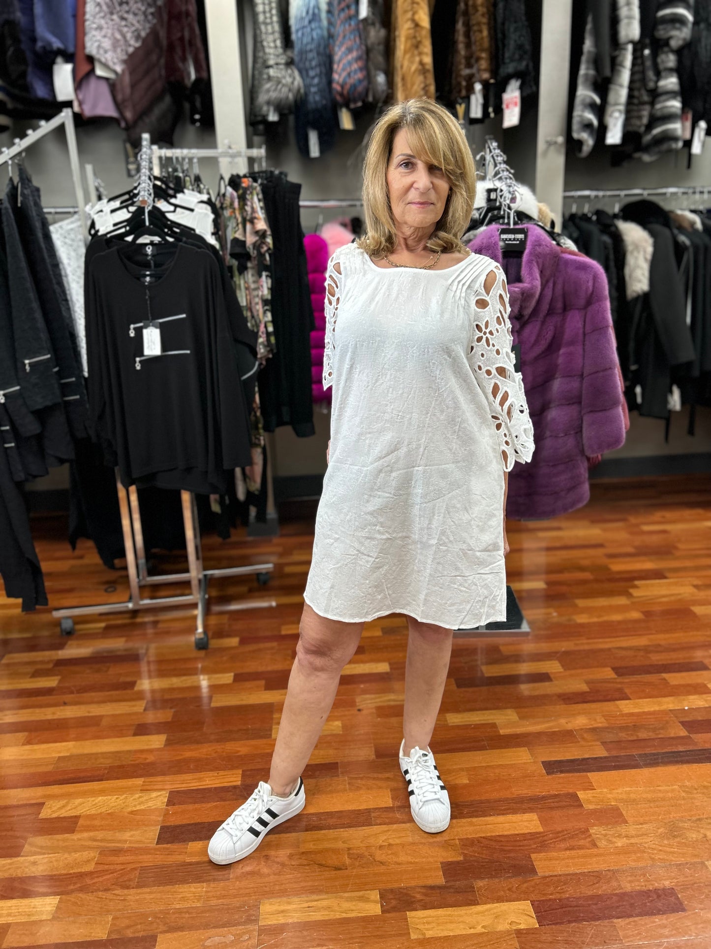 Umgee Round Neck Brocade Dress with Eyelet Lace, Bell Sleeves