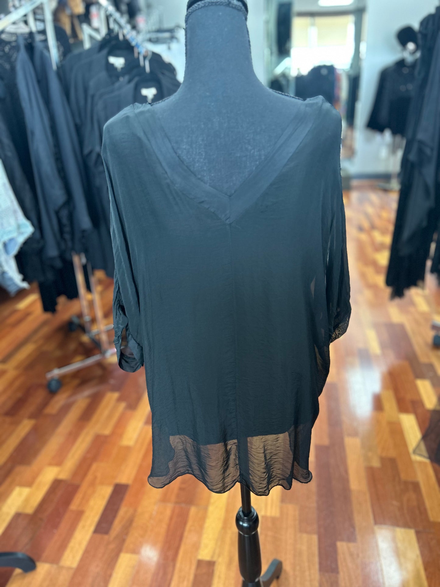 Gigi Moda Black V-Neck Silk Kaftan Style Blouse with Raw Edge Hem on Bottom Layer One Size Fits