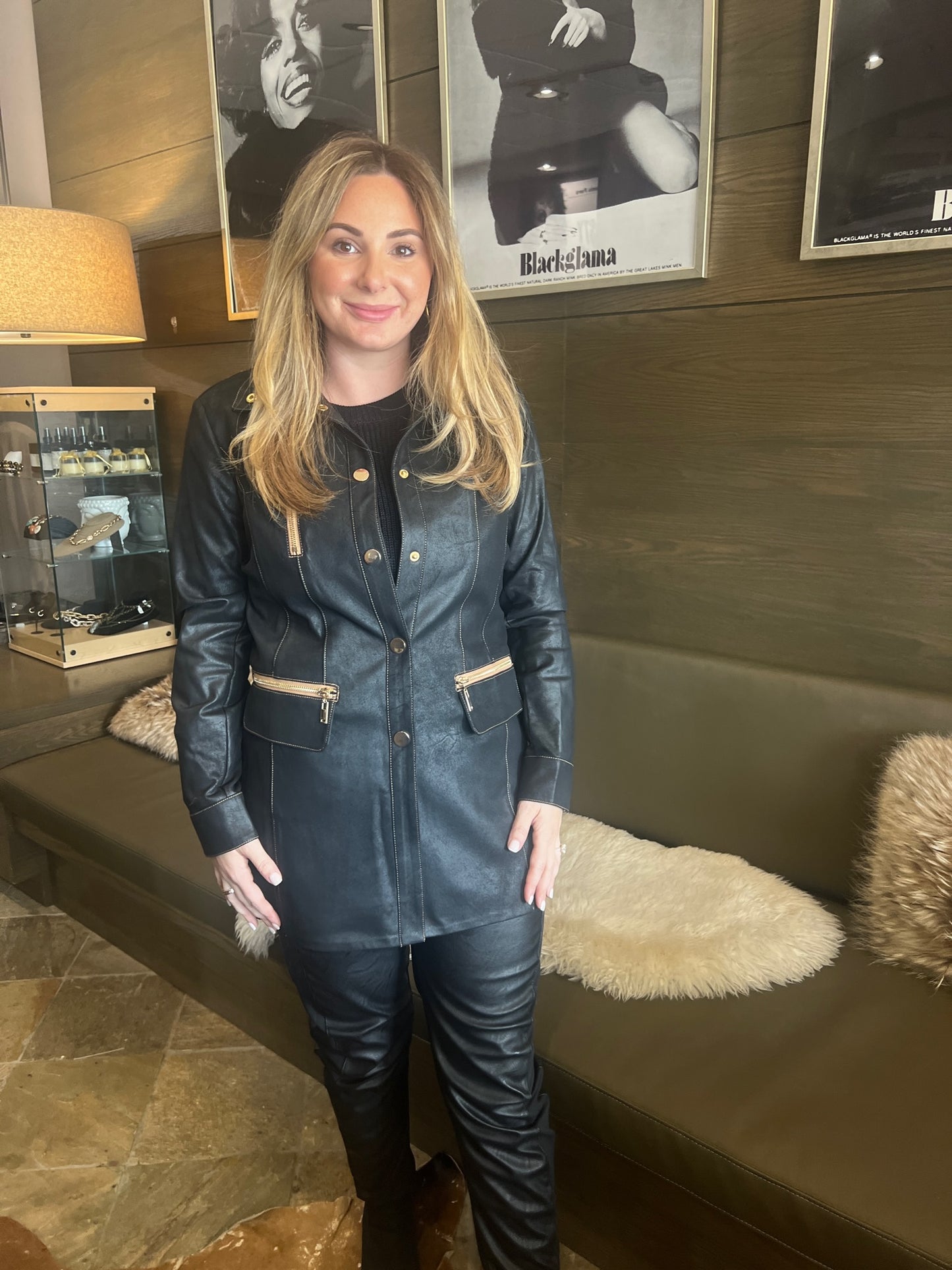 Insight Leather Look Black 3/4 Black w/ Gold Snaps and Zips Jacket