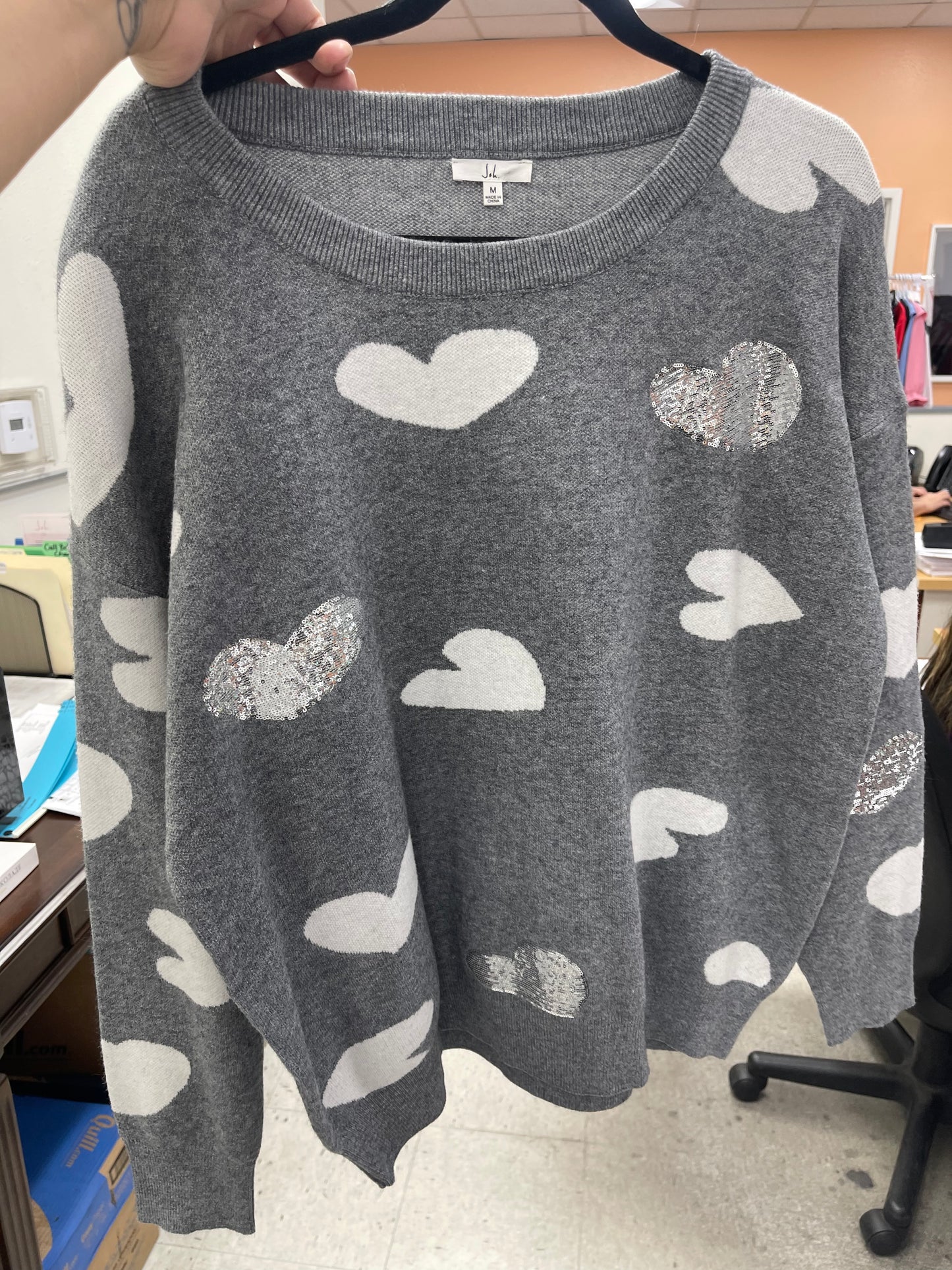 JOH Heart Grey Sequin Sweater Top