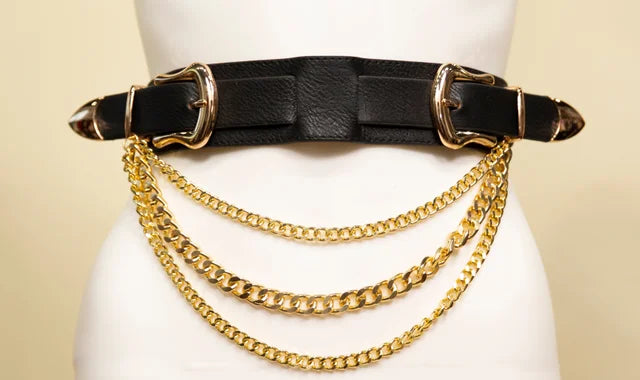 Samuel Dong Black with Gold Hanging Chains Elastic Belt