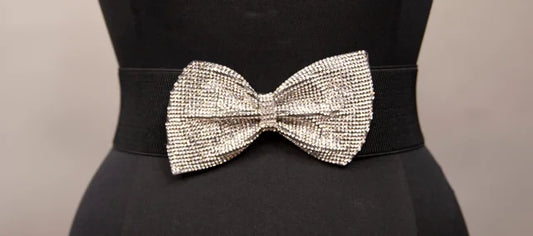 Samuel Dong Black with Rhinestone Bow Elastic Belt