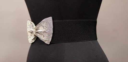 Samuel Dong Black with Rhinestone Bow Elastic Belt