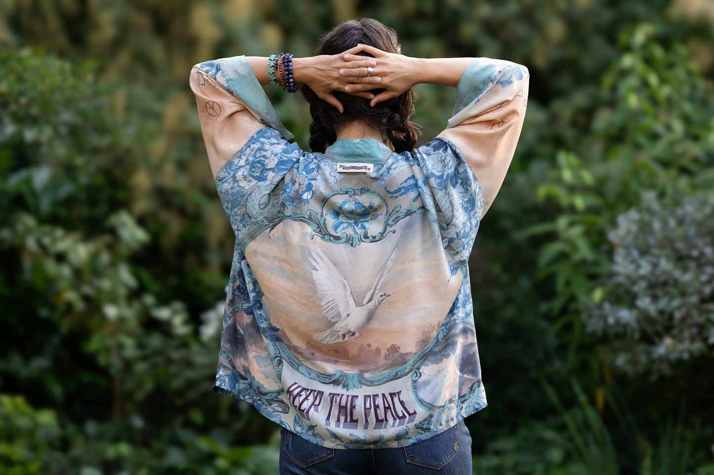 Market to Stars
Peace Out Cropped Kimono Pixie Duster with Doves and Sunrise
