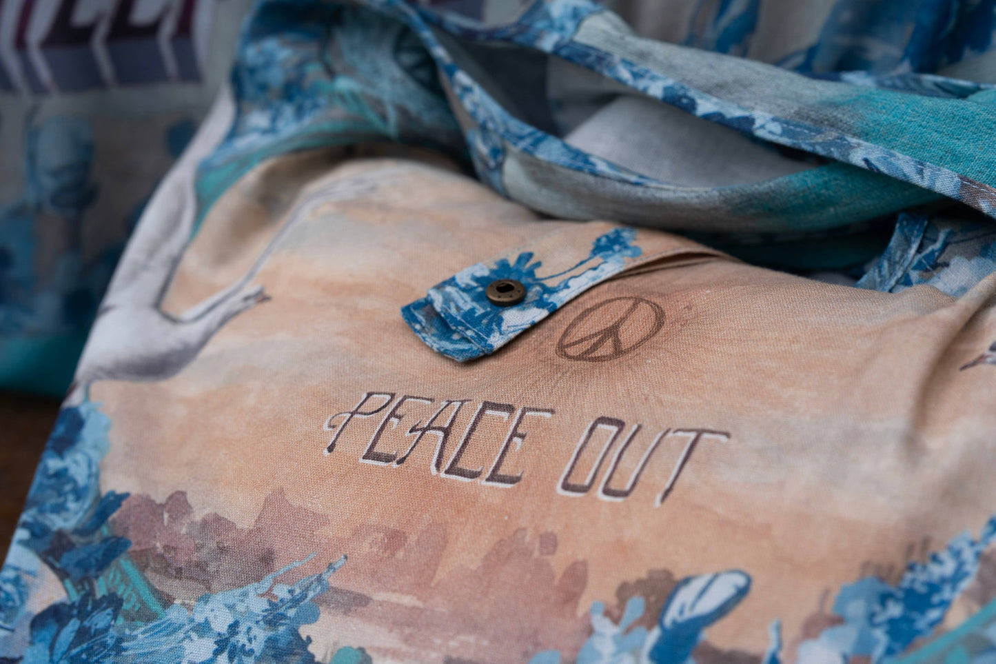 Market to Stars
Peace Out Turquoise Linen Tote Bag with Doves and Sunrise
