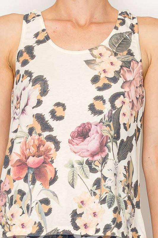 Origami Apparel Leopard Floral Lace Lined Tank Top